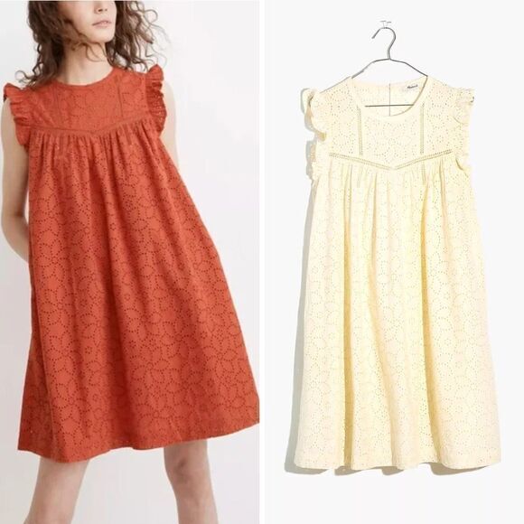 NEW‎ Madewell Off White Eyelet Ruffle-Sleeve Mini Dress, L - Picture 1 of 16
